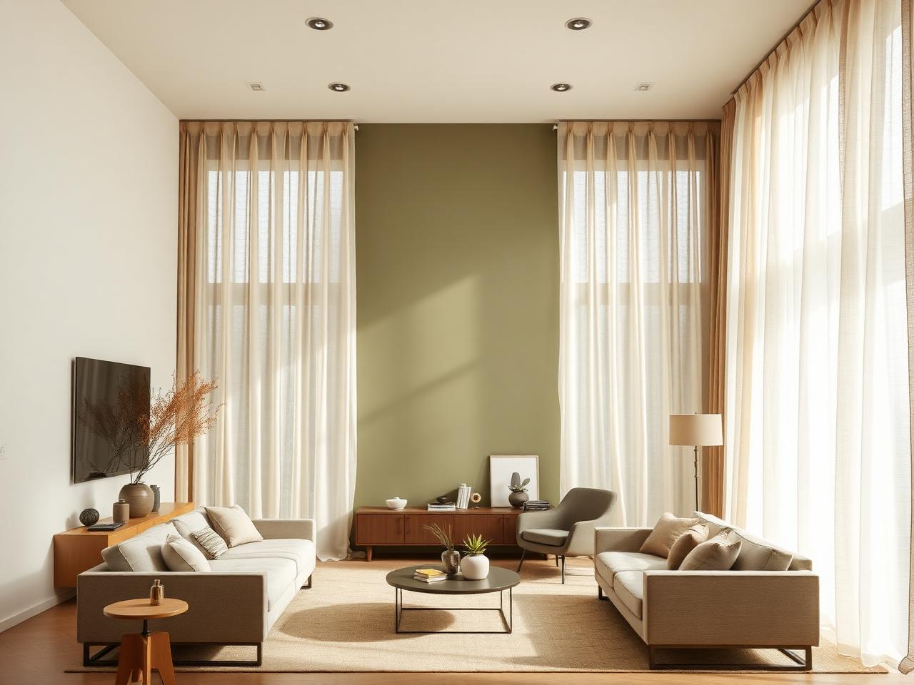 Modern interior with sheer linen curtains and sage green wall